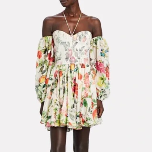 Rococo Sand White Off-Shoulder Floral & Fruit Mini Dress